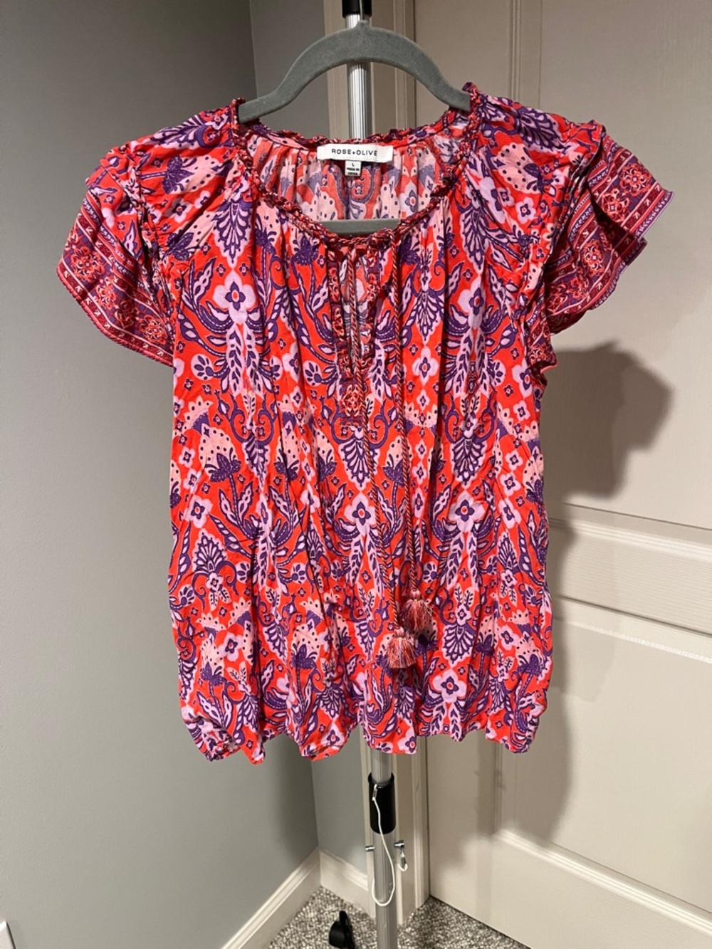 Rose & Olive Pink and Purple Paisley Tie-Front Flutter Top